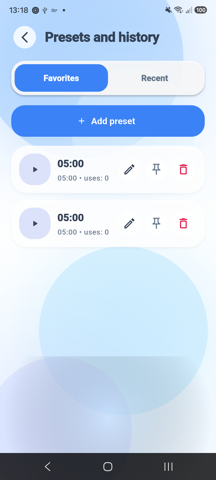 Presets and history screen